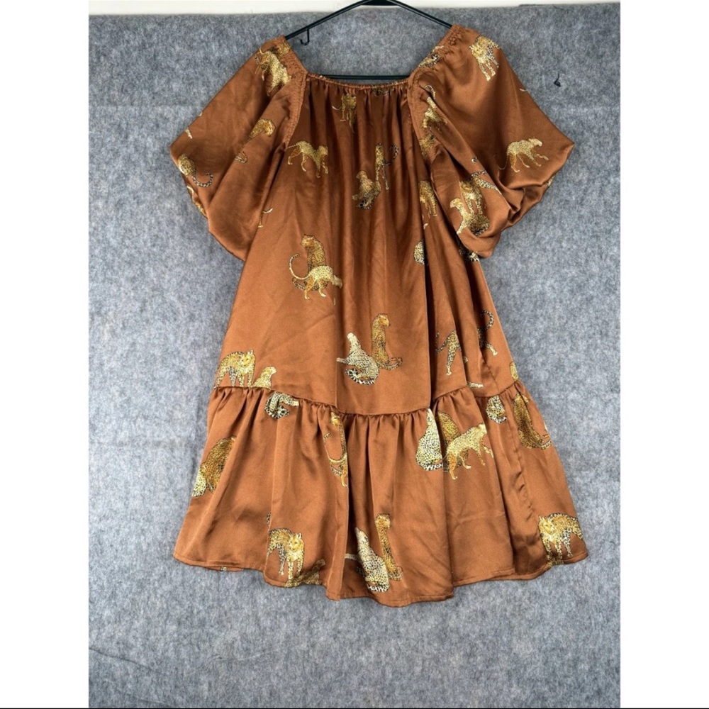 Entro Short Dress Women's Medium Brown Leopard Print Square Neck Puff Sleeve - Picture 2 of 5